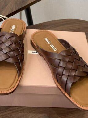 Miu Miu Brown Woven Flat Slides